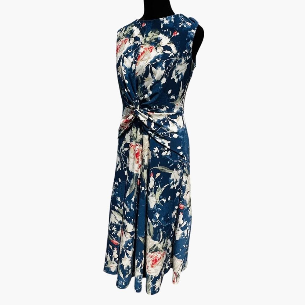 Ralph Lauren Midi Dress Blue Floral Twist Front Stretch Jersey Wedding Guest 6 - Picture 6 of 14